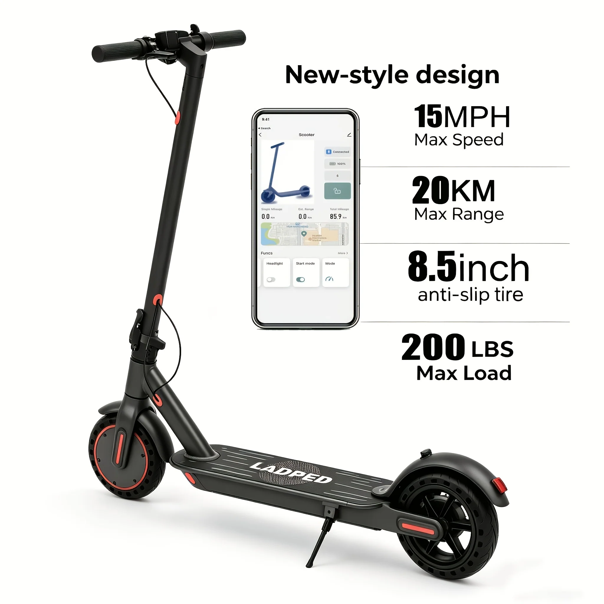Foldable Adult Electric Scooter with 350W Motor, 8.5" Anti-Slip Solid Tires, Smart App and LCD Dashboard, 3 Adjustable Speeds, Dual Safe Brakes, LED Headlight and Taillight, Built-in Bell, Aluminum Alloy Frame, 265 lb Max Load
