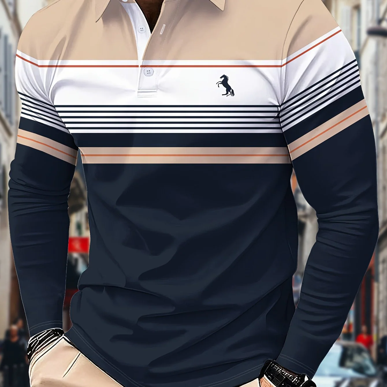 Men’s Long Sleeve Polo Shirt with Contrast Block Collar