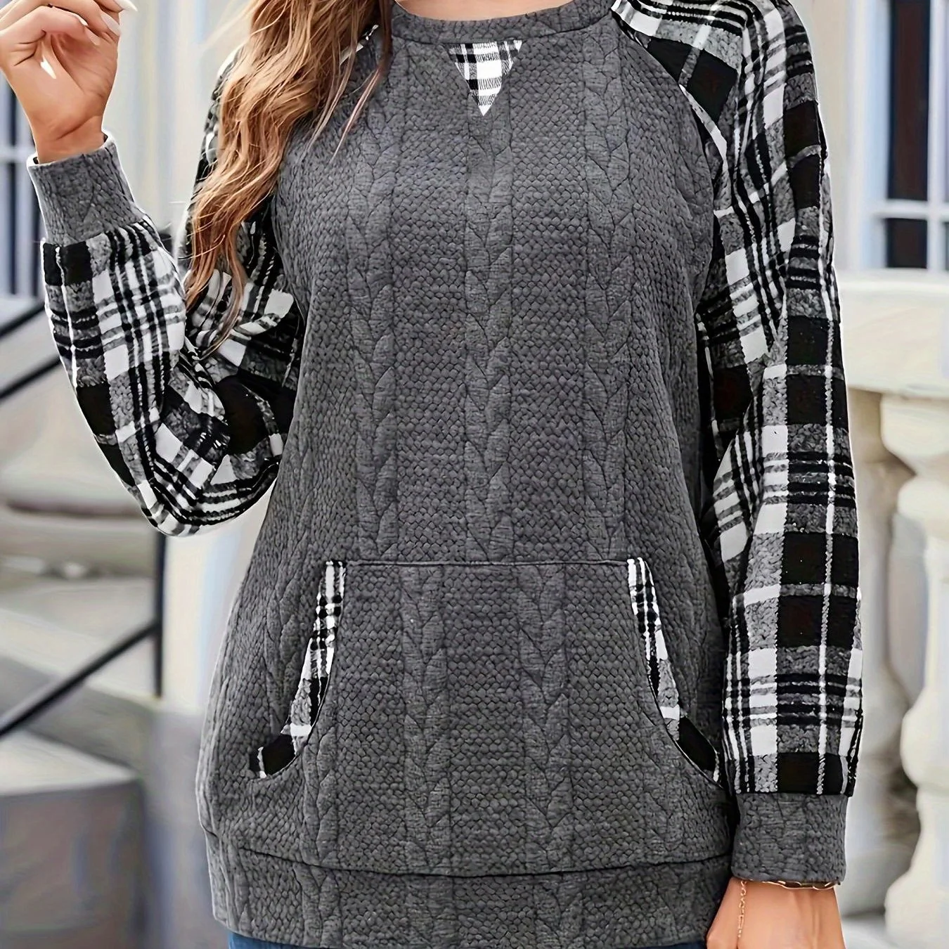 Plus Size Long Sleeve Color Block Sweater with Side Pockets