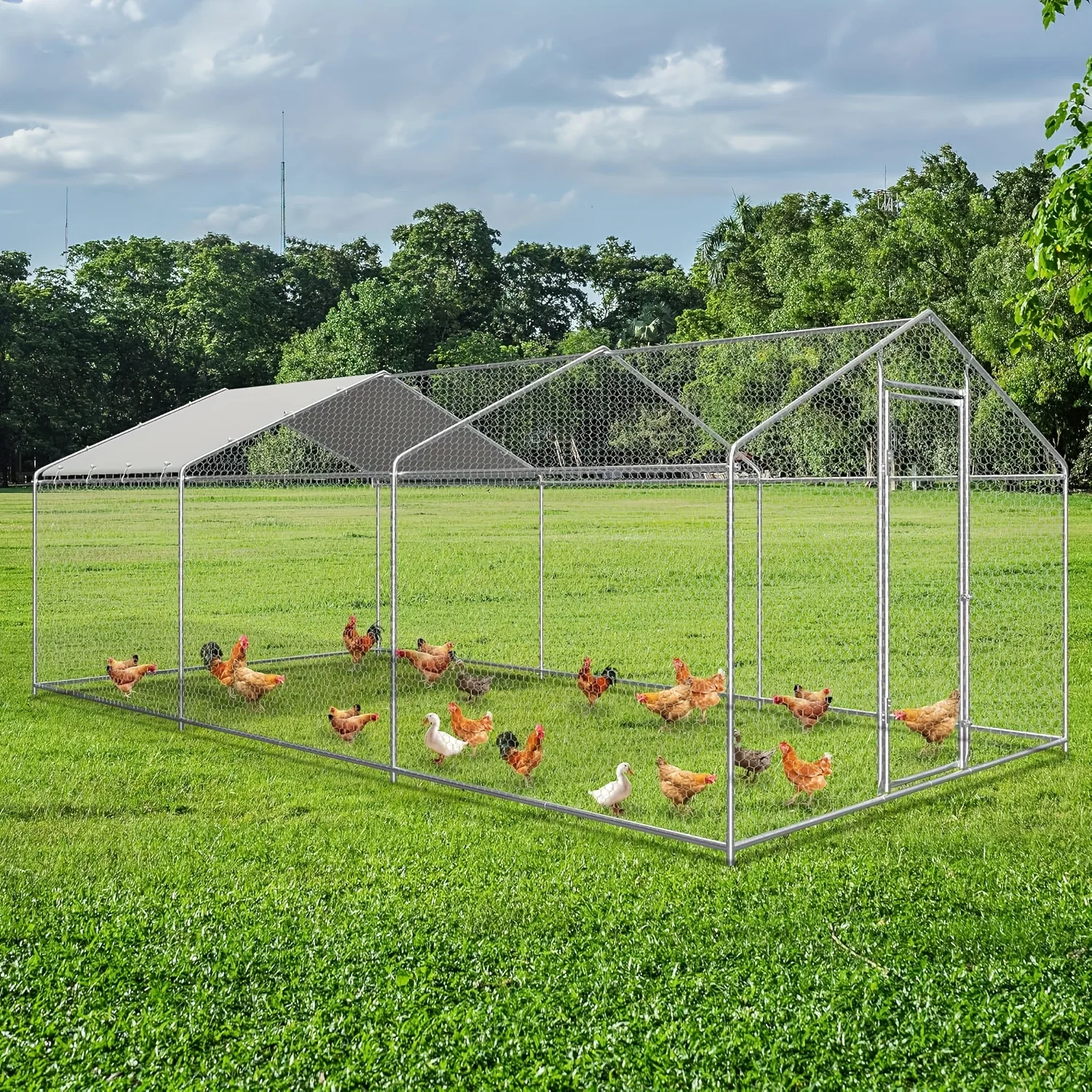 Large Metal Chicken Coop Run with Waterproof Cover and Lock