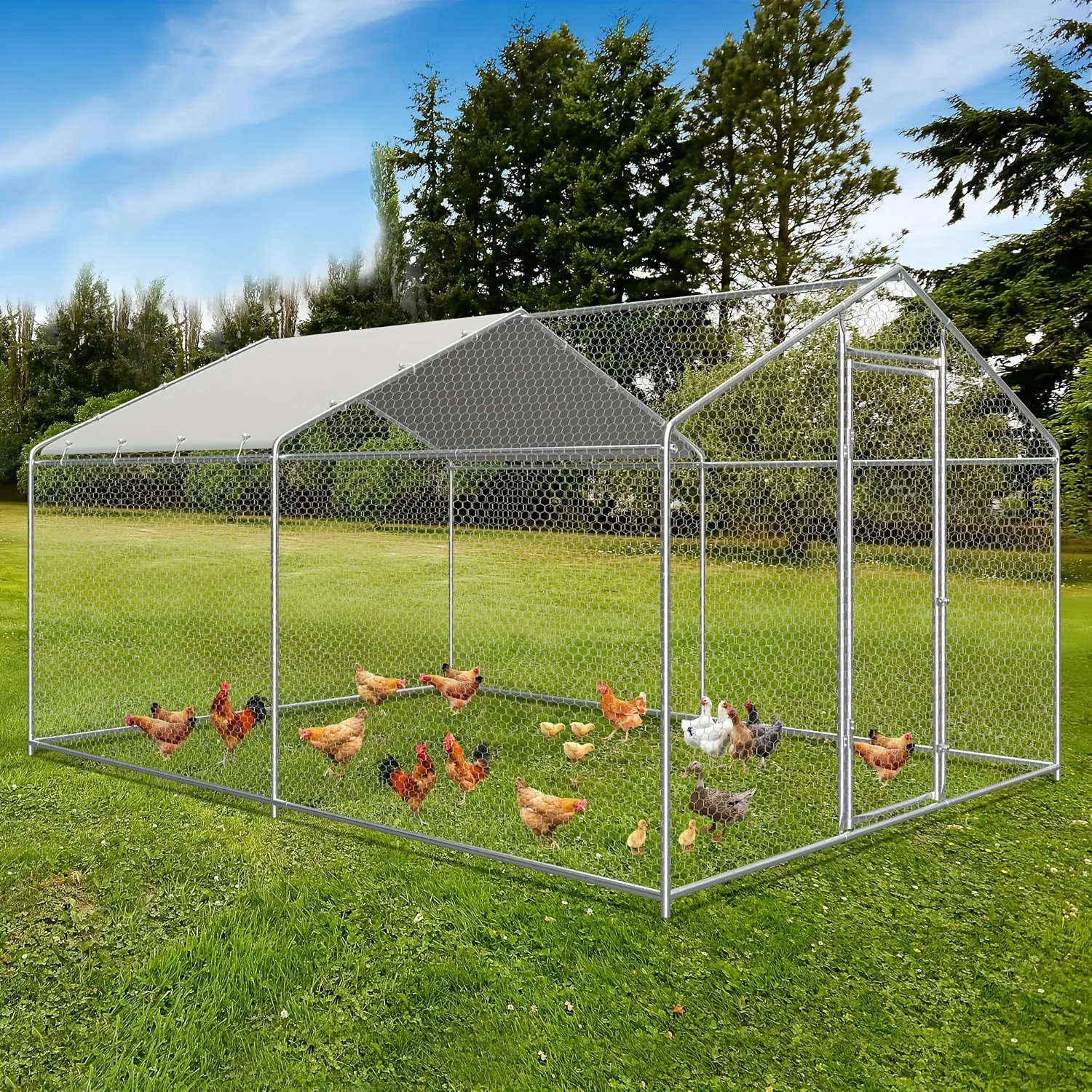 Large Metal Chicken Coop Run with Waterproof Cover and Lock