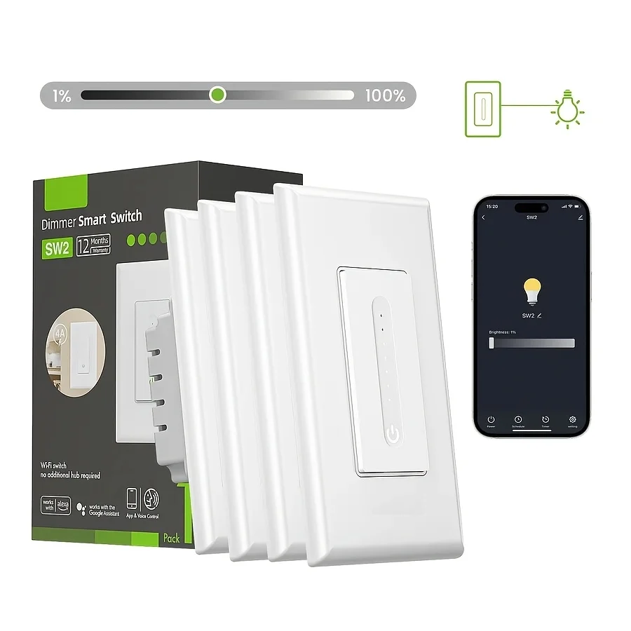 Smart Wi‑Fi Dimmer Switch with Timer – Single Pole, 4‑Pack Remote Control