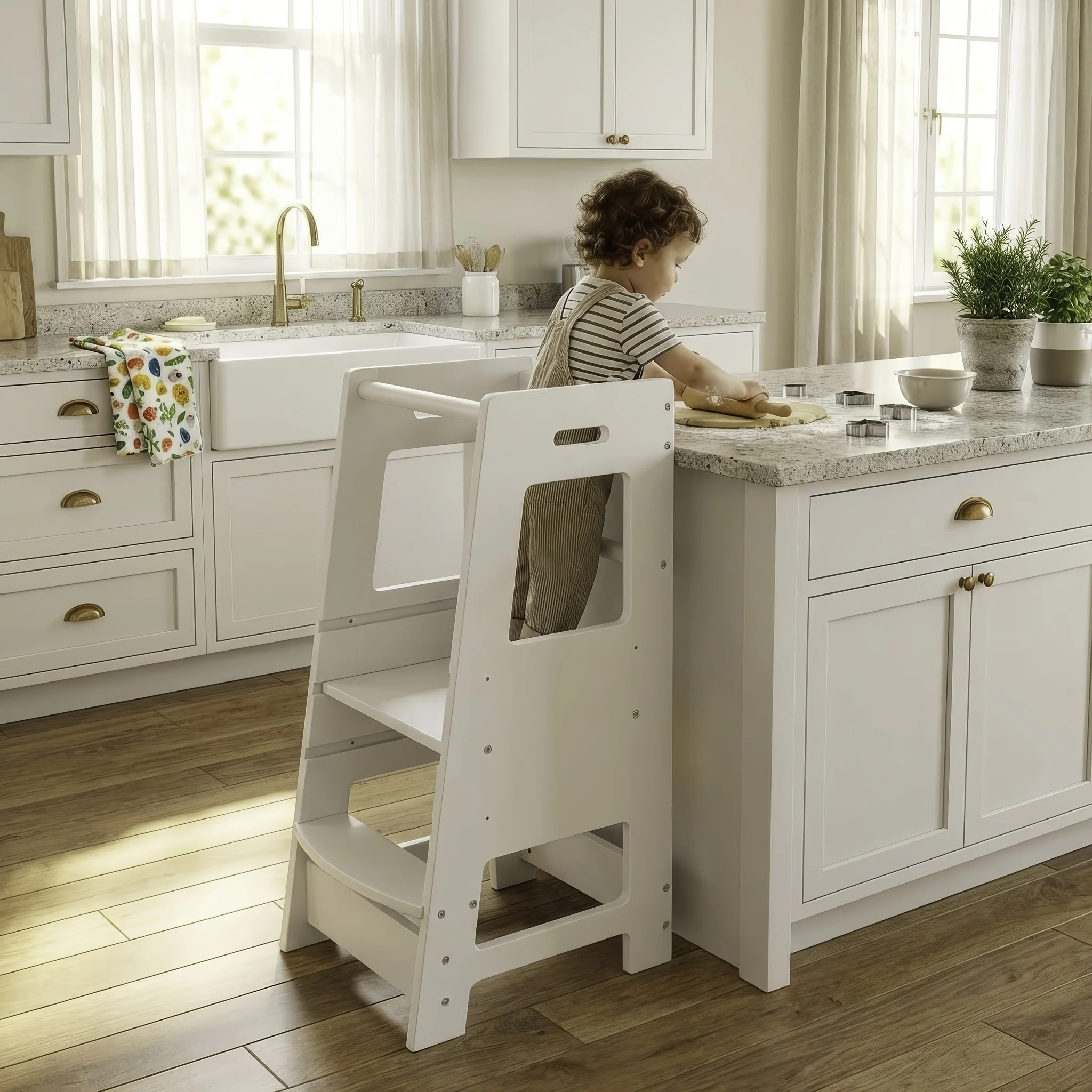 Safety tower stool for toddlers with fold-out learning platform