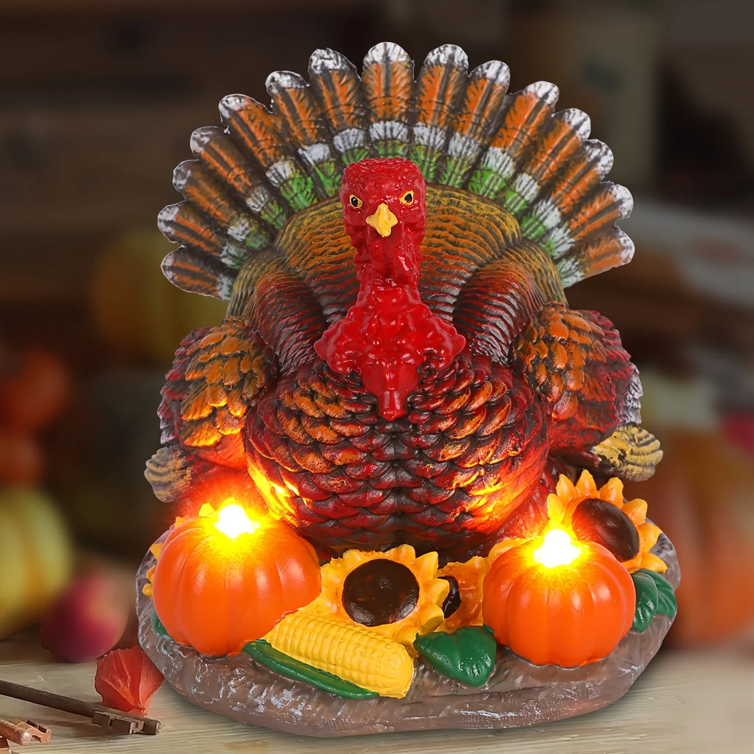 Thanksgiving turkey decoration statue with pumpkin and sunflower accents