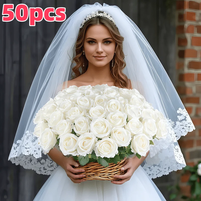 50-Stem Artificial White Rose Bouquet for DIY Decor