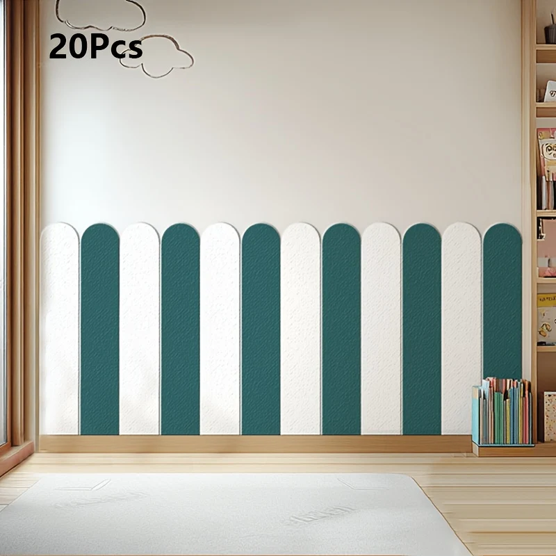 Removable striped wall panels for accent decor in blue beige white and turquoise