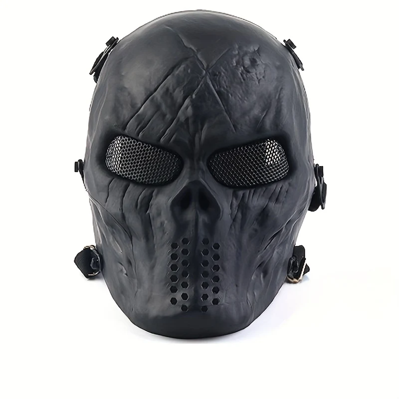 Black and white camouflage skull-shaped mask with shock-absorbing padding and adjustable strap