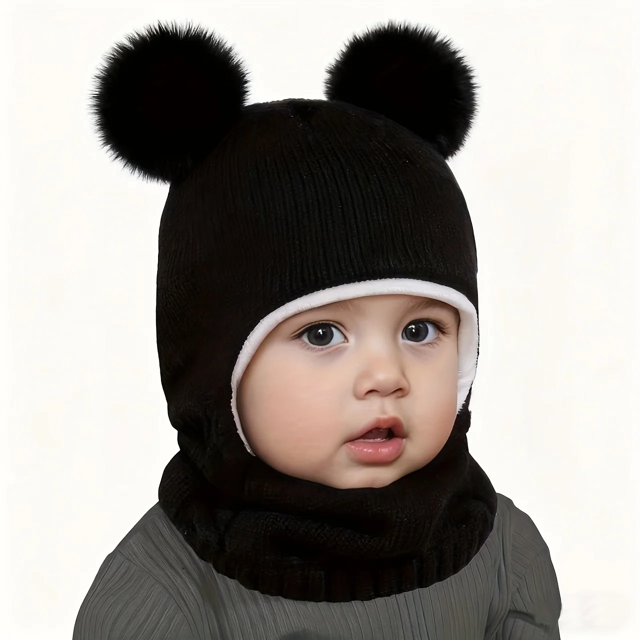Toddler winter hat with scarf and ear flaps, knitted bear design, ages 1-4