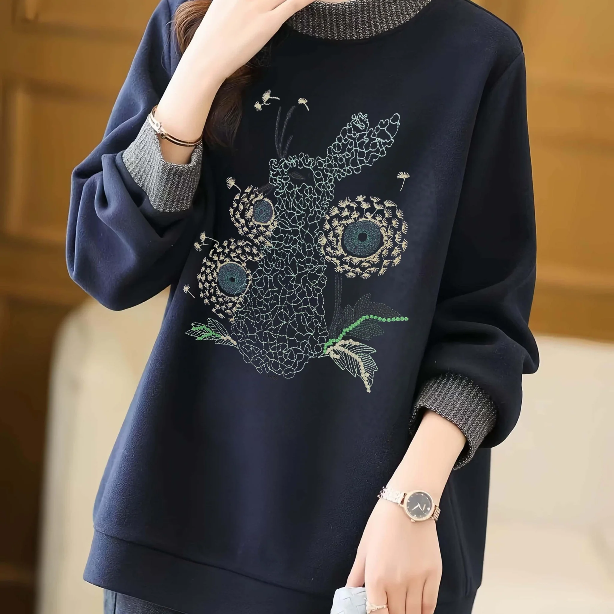 Plus Size Embroidered Half Turtleneck Sweatshirt