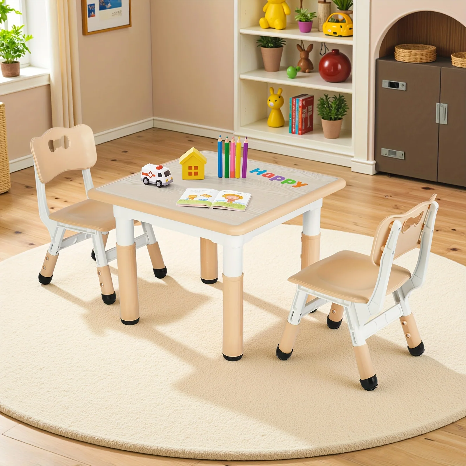 Height-adjustable kids table and chair set with easy-clean surface