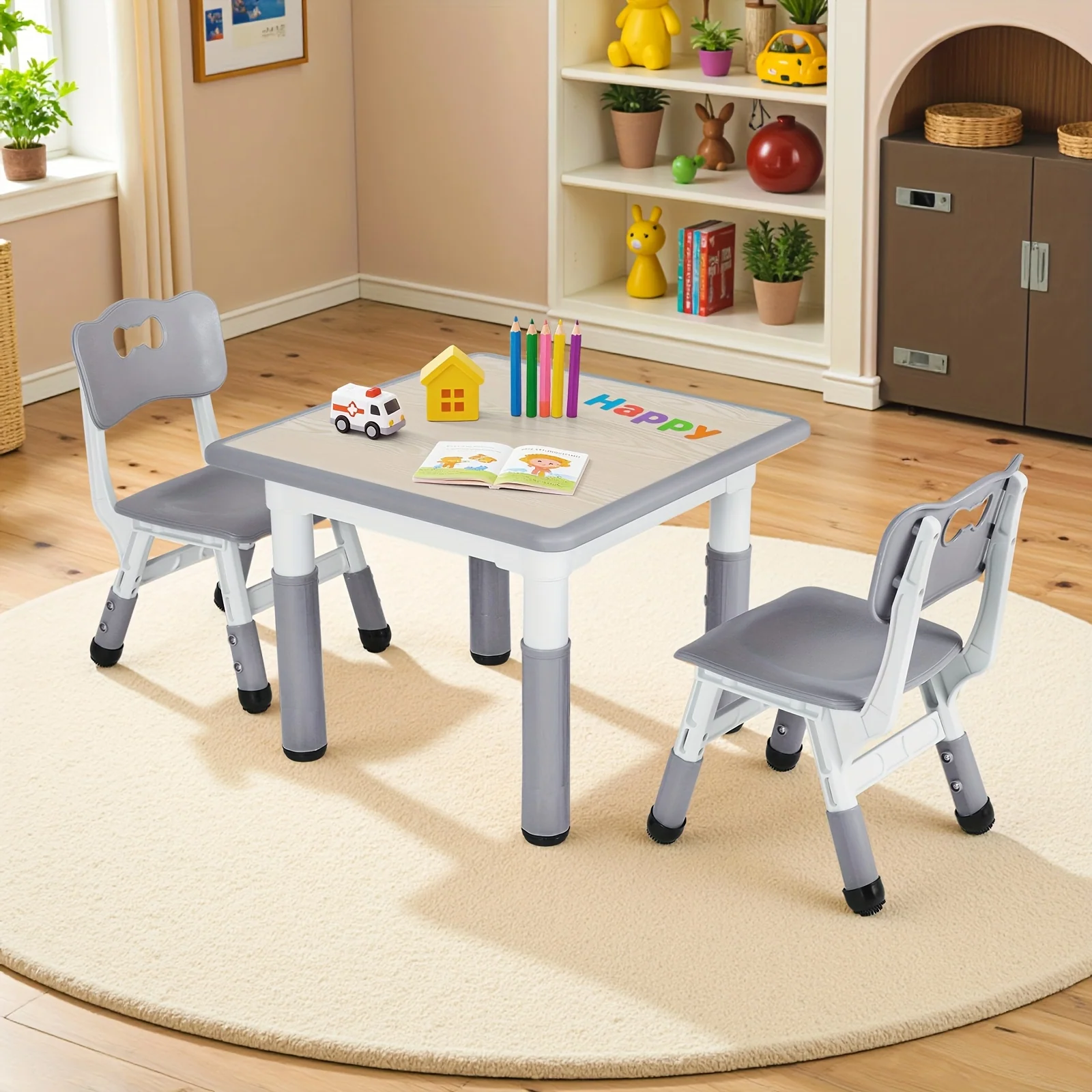 Height-adjustable kids table and chair set with easy-clean surface