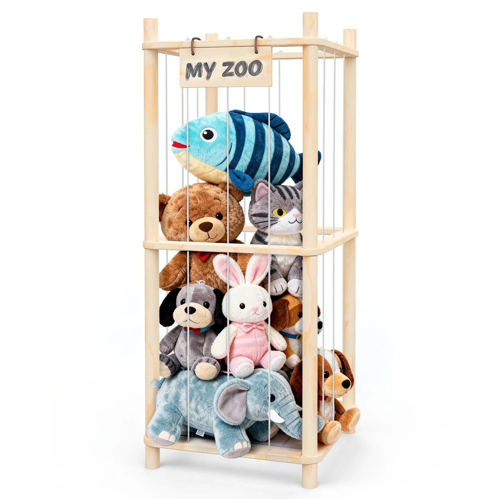 Wooden doll storage shelf with tiered display for figurines and collectibles