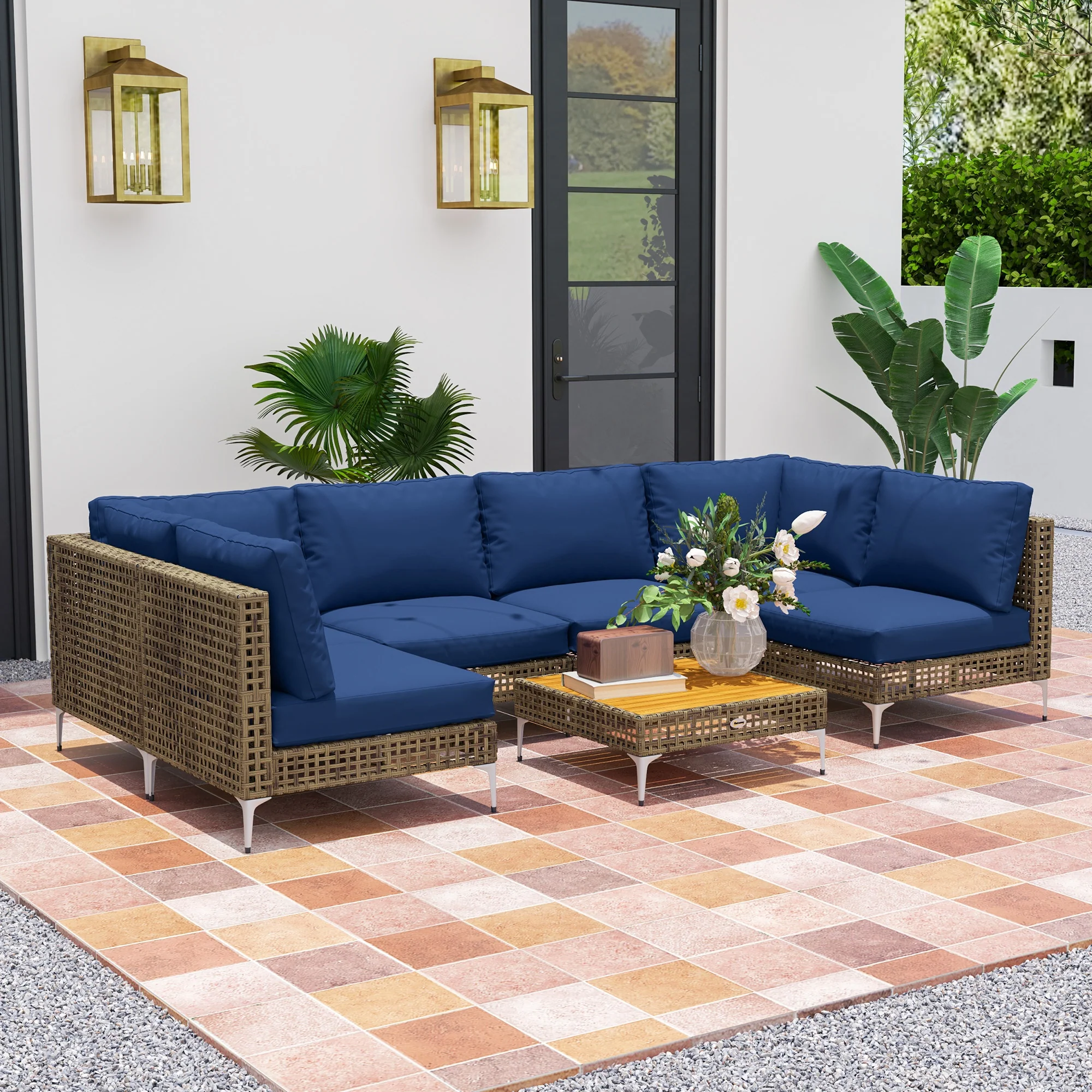 7-piece outdoor sectional patio furniture set with wicker weave