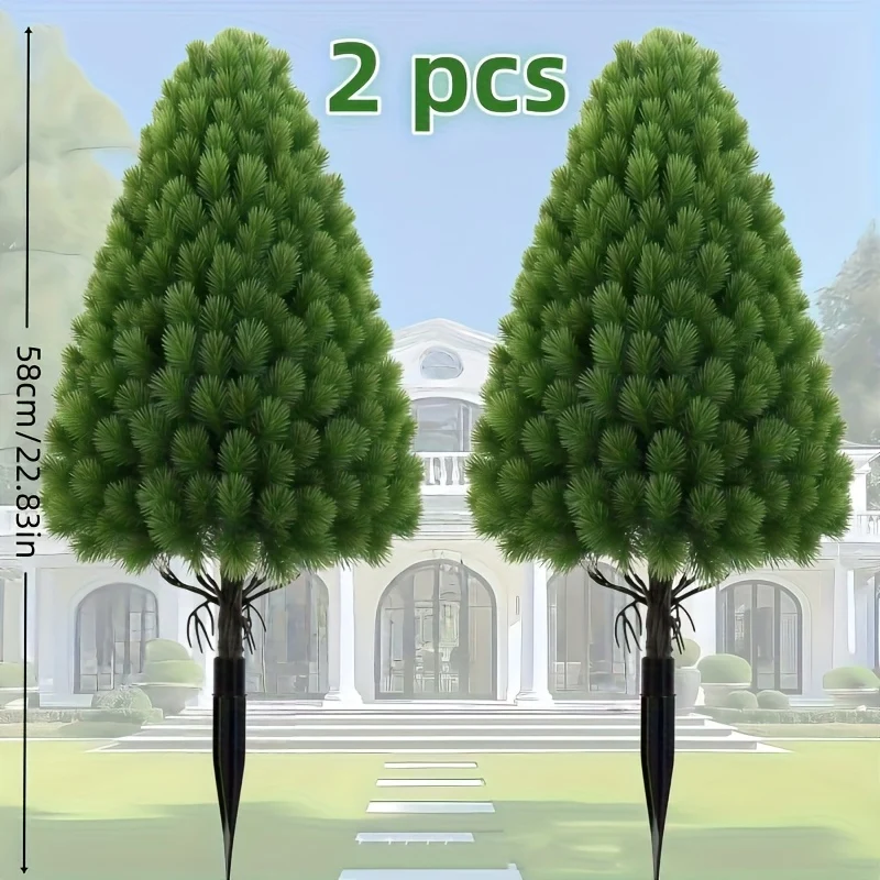 Large artificial pine trees with ground stakes for year-round decor