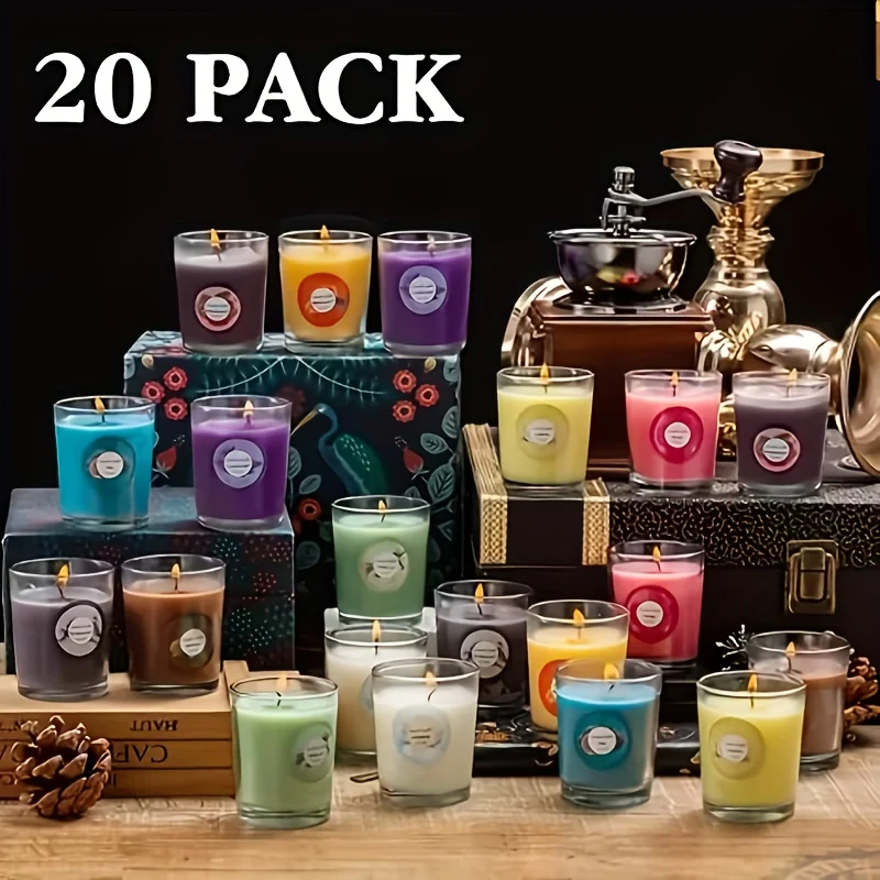 Set of 20 soy wax candles in decorative glass jars