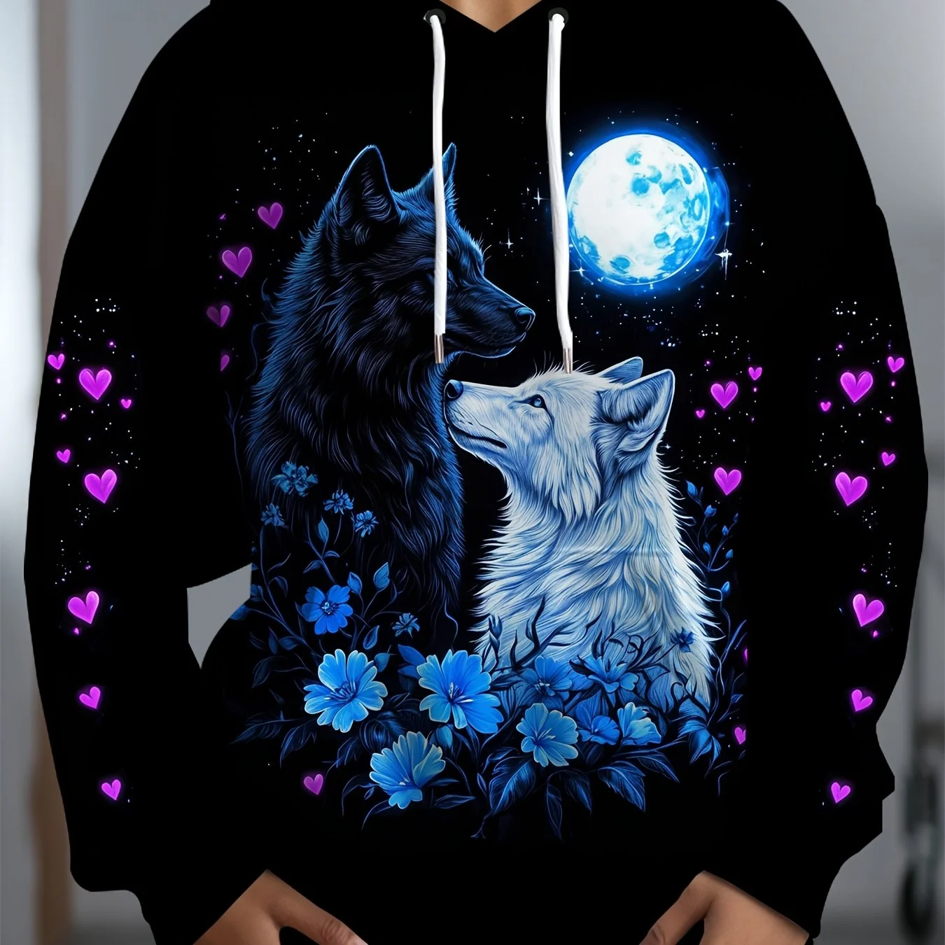 Women's Plus Size Wolf Print Hoodie with All-Over Design