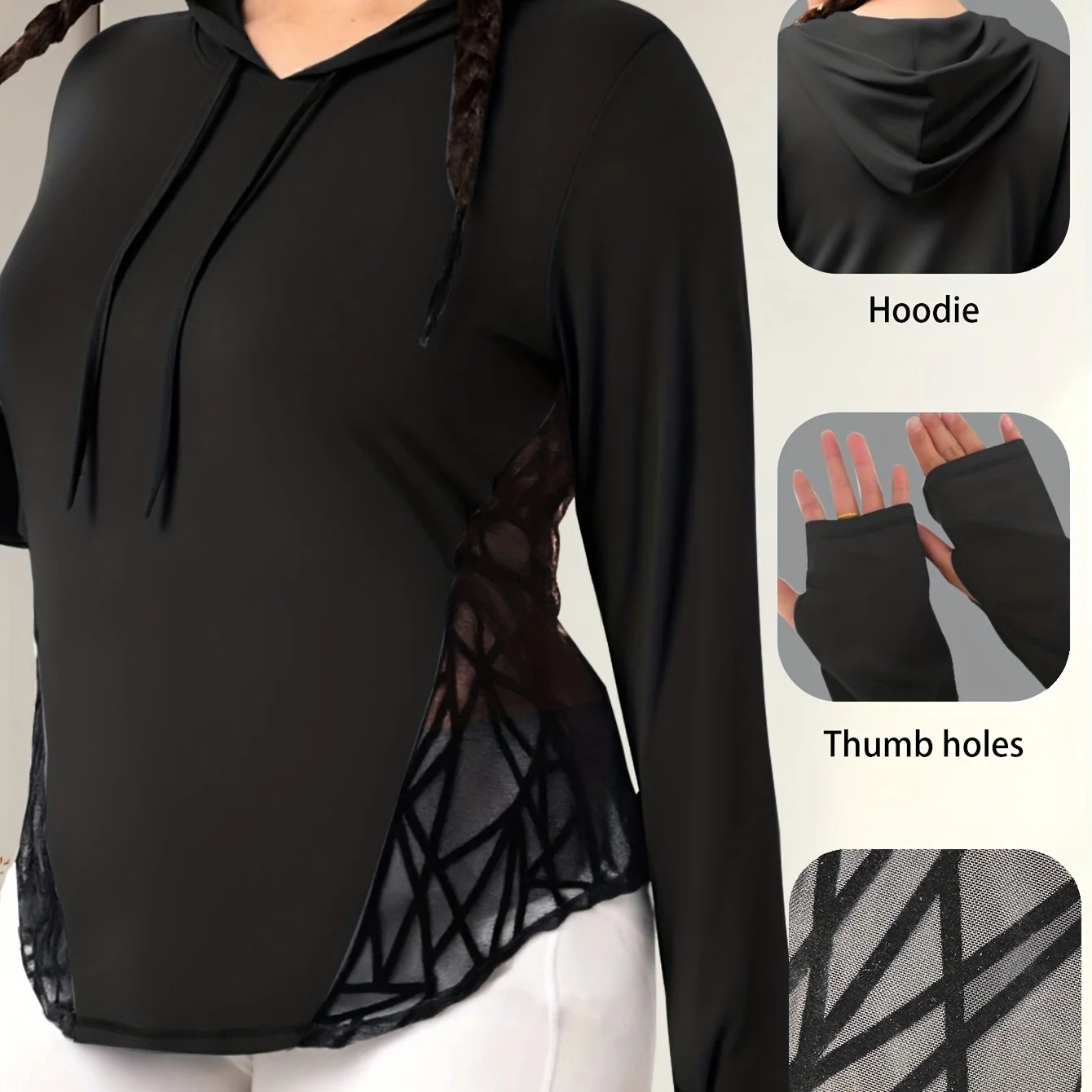 Plus Size Hooded Sweatshirt with Mesh Panels for Women