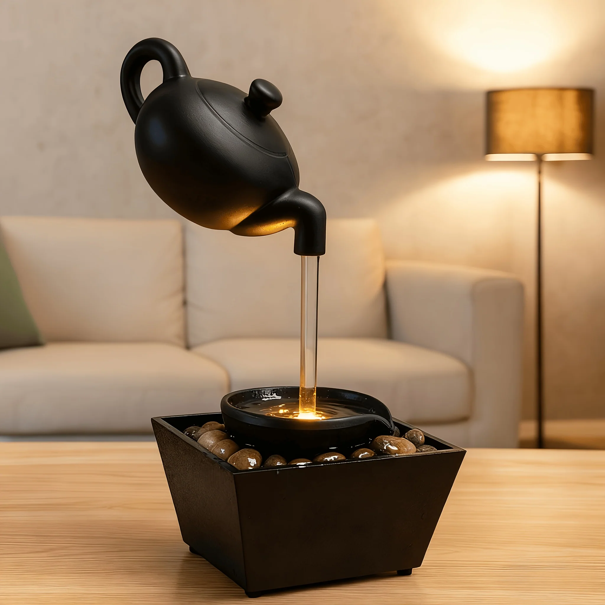 Zen water fountain lamp with soothing LED glow and pebble bed