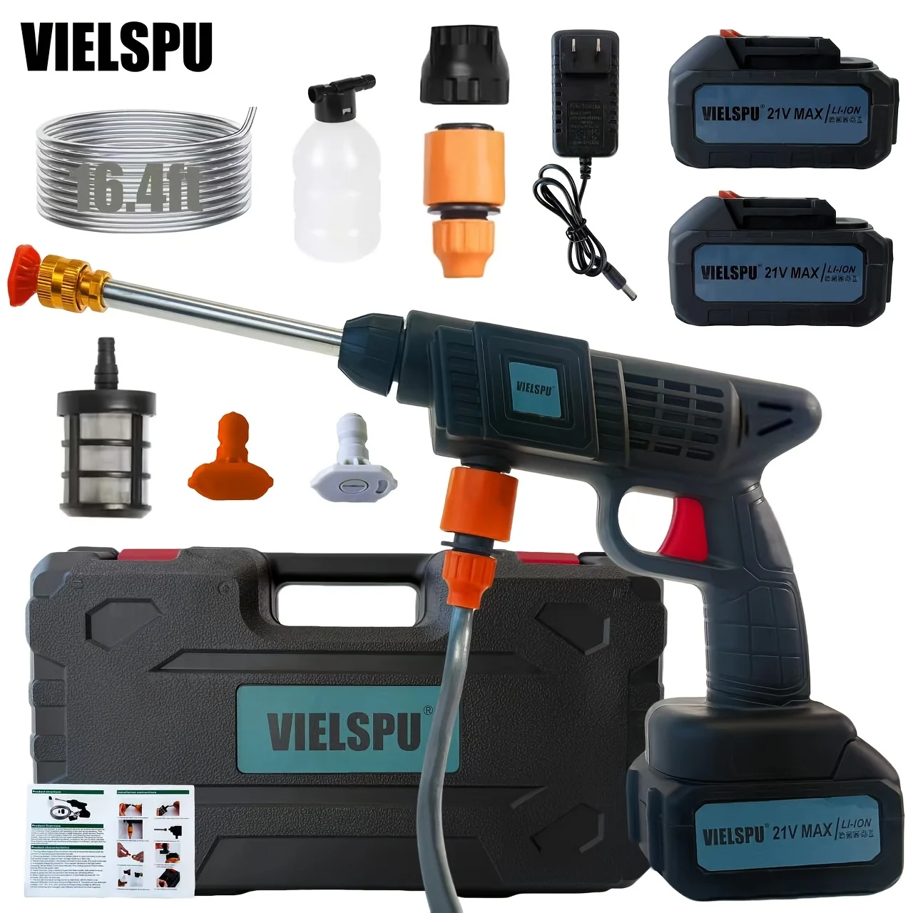 Cordless pressure washer set with dual batteries and three spray modes