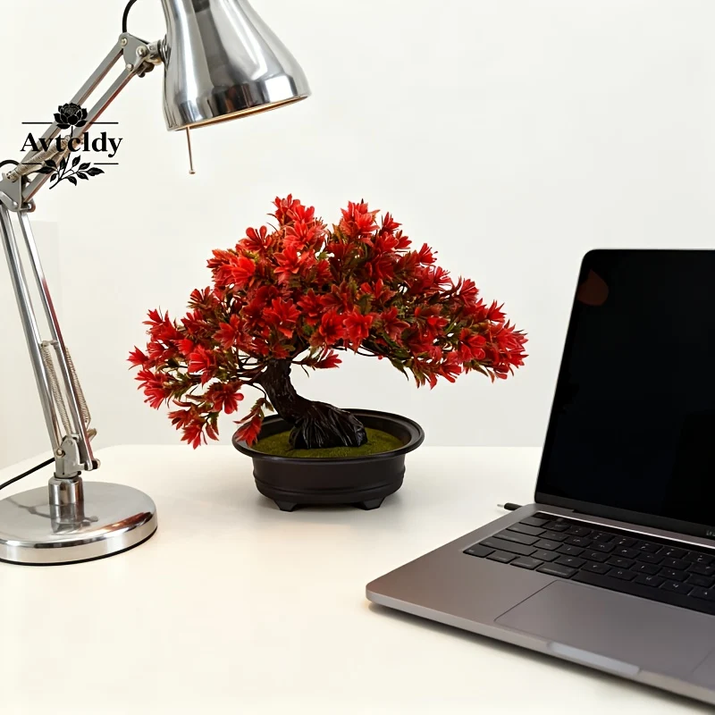 Artificial red foliage bonsai tree with ceramic pot for indoor decoration