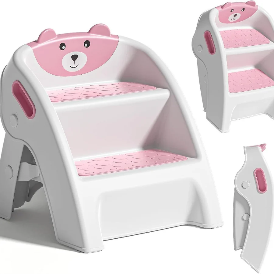Foldable 2-step toddler step stool with non-slip feet and carry handle