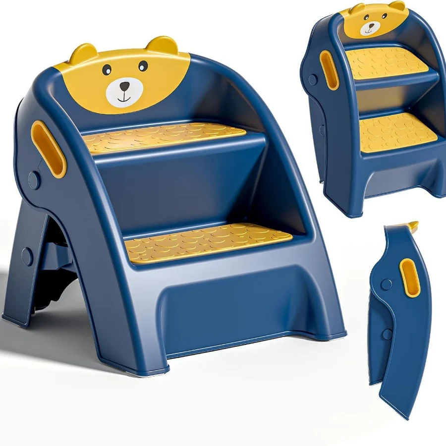 Foldable 2-step toddler step stool with non-slip feet and carry handle
