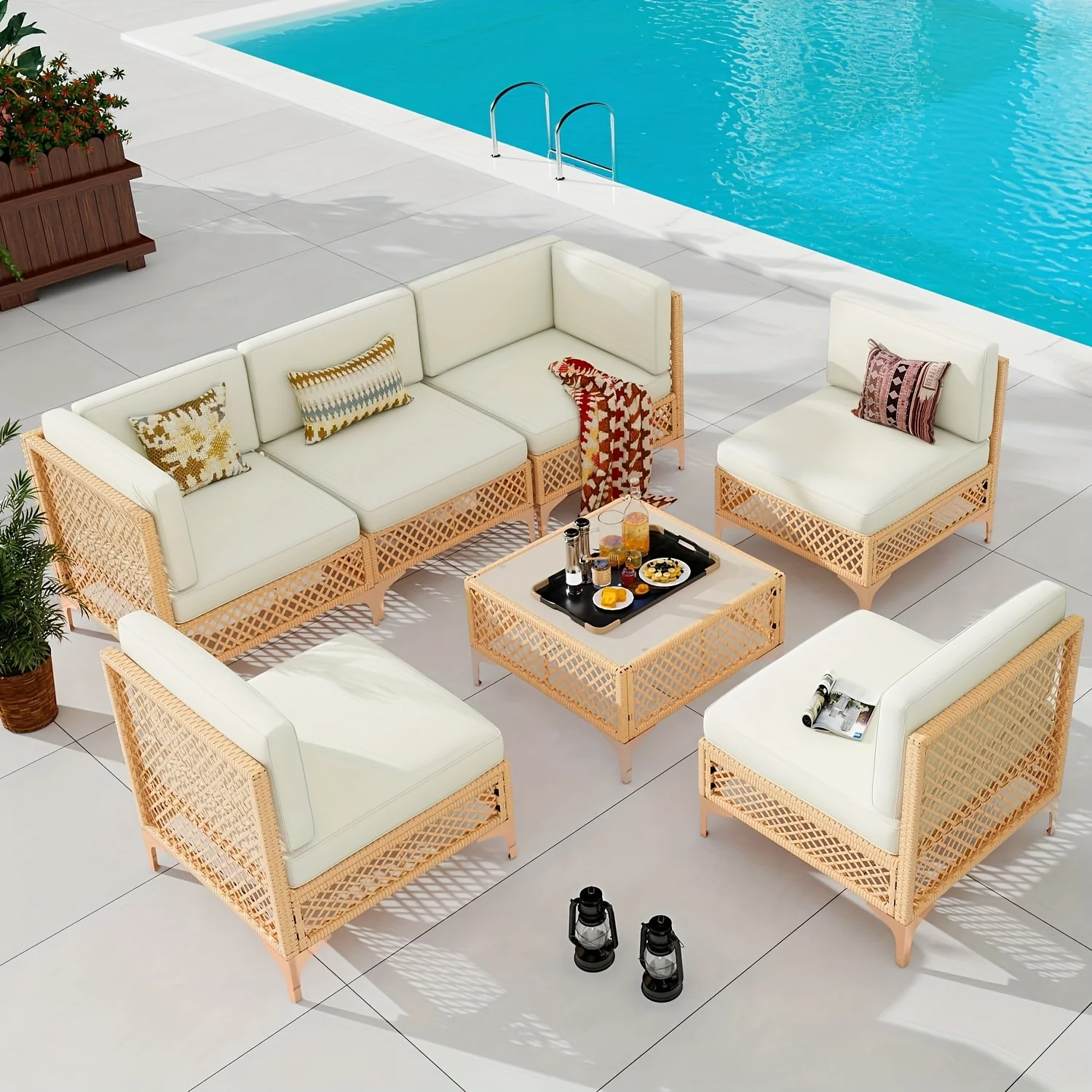 7-piece modular outdoor sectional sofa with weather-resistant wicker frame and cushions