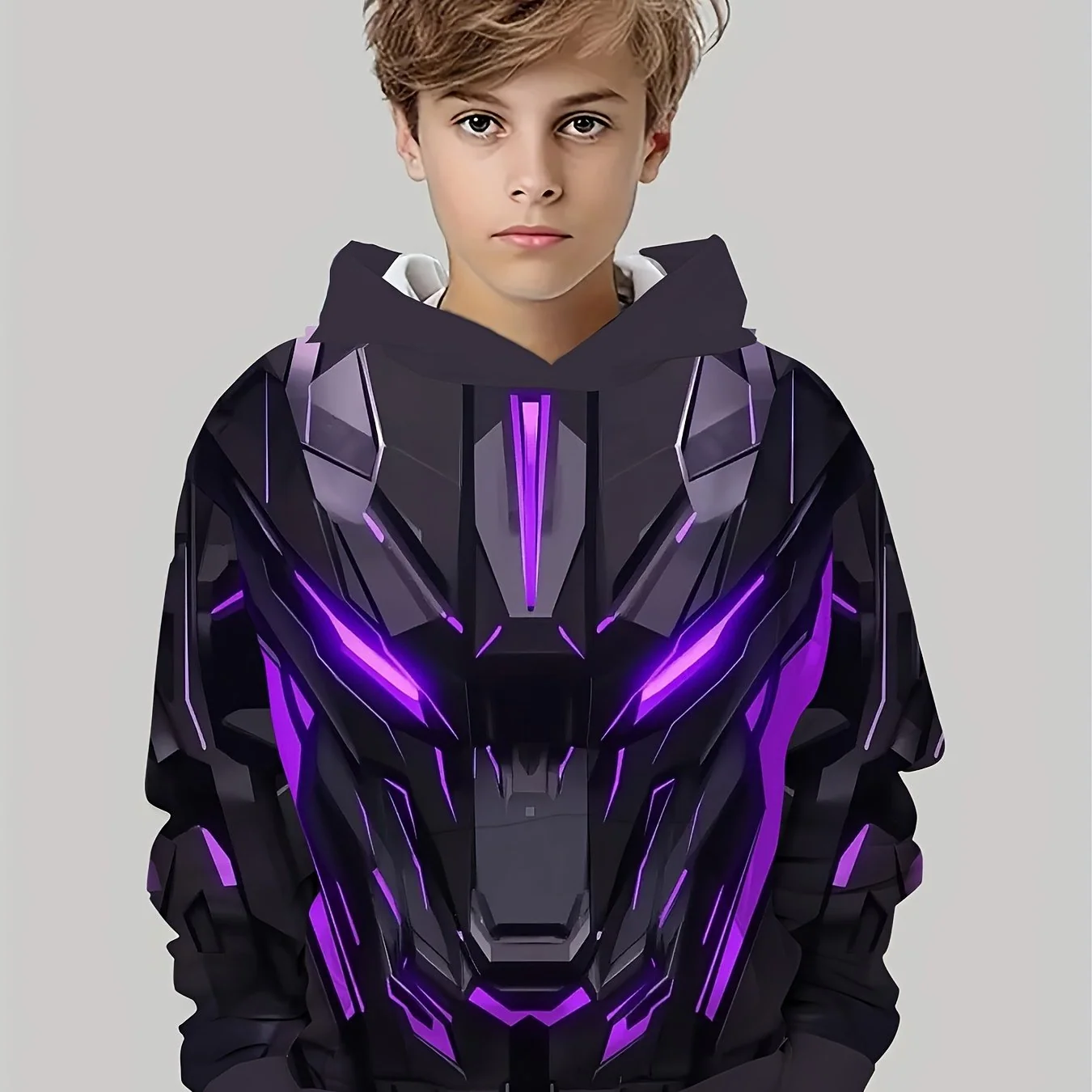 Boys' Glowing Mechanical Armor Long Sleeve Shirt – Robot-Inspired Back Print, Golden and Purple, Breathable Polyester‑Spandex Blend