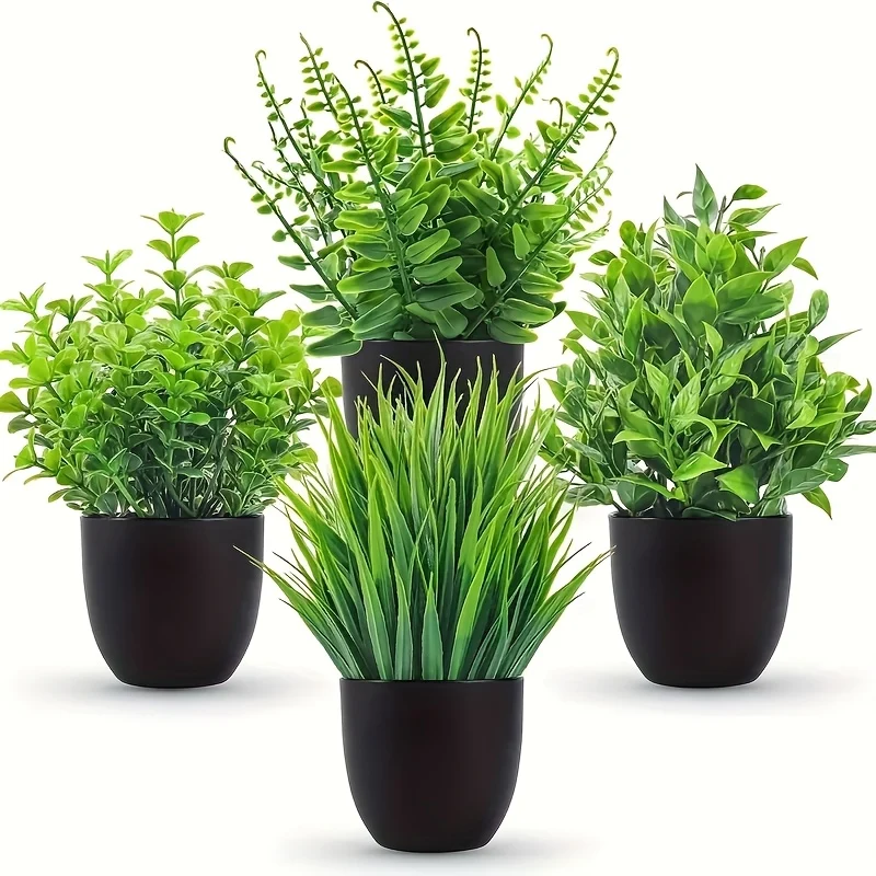 Set of 4 miniature artificial potted plants for indoor and outdoor use