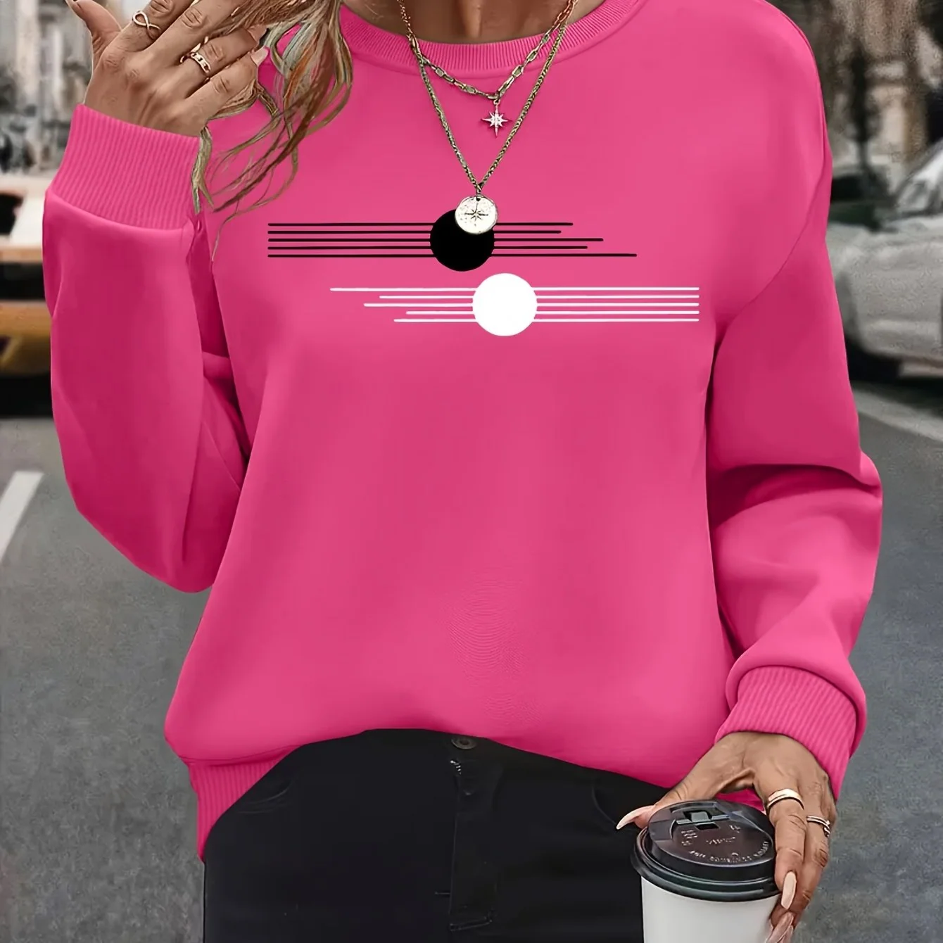 Women's Plus Size Oversized Long Sleeve Sweatshirt with Geometric Pattern