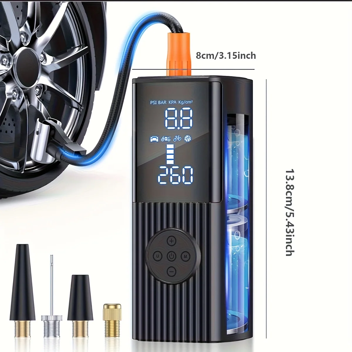 Portable tire inflator with 210 psi digital gauge and rechargeable battery