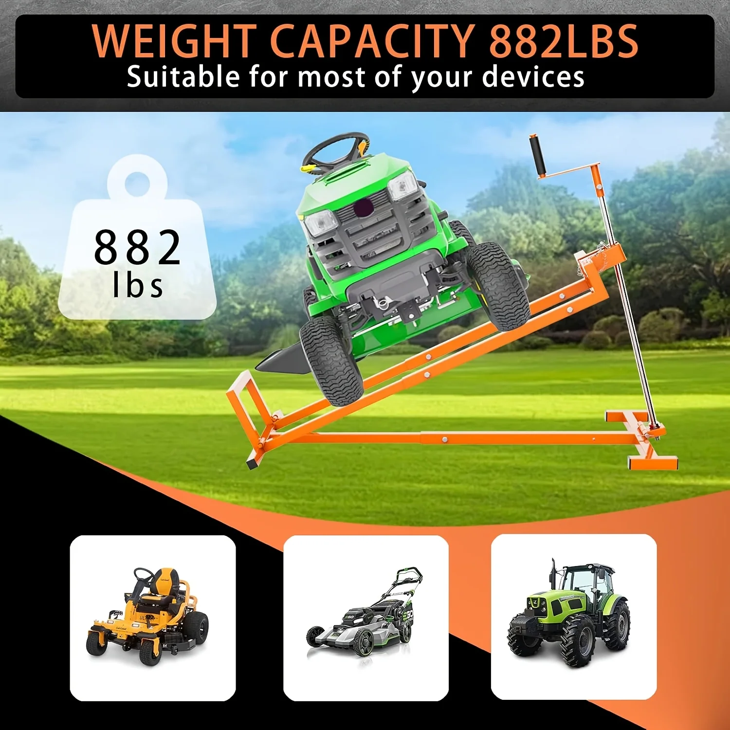 Heavy-duty telescopic lawn mower lift jack with 880 lb capacity