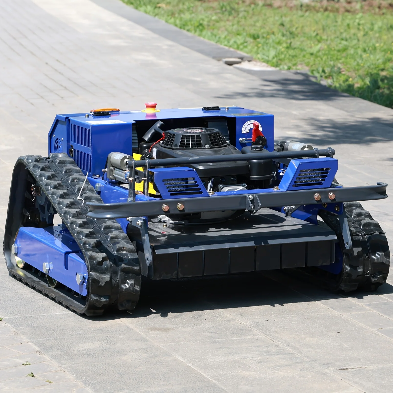 Remote-controlled gasoline-powered robotic lawnmower with optional snowplow attachment