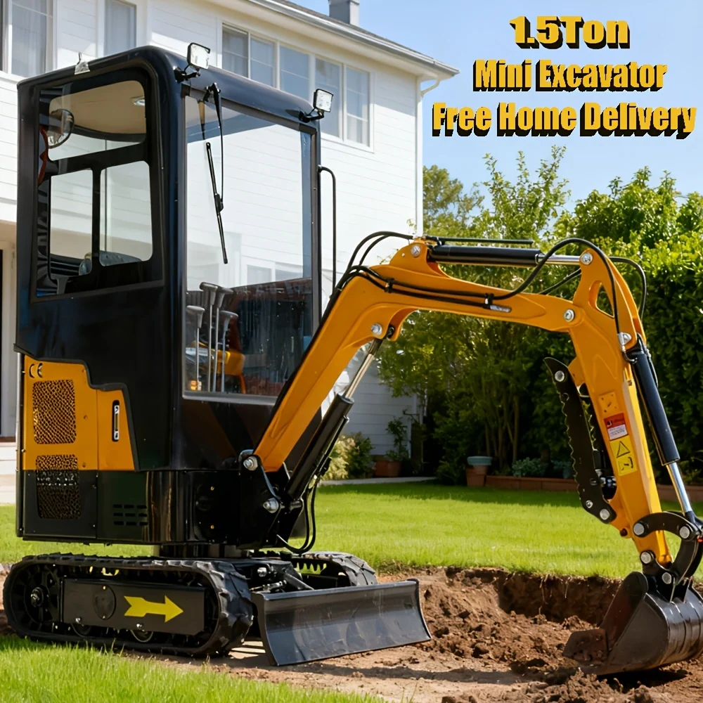 Compact 1.5-ton mini excavator with 13.5 HP engine and attachments