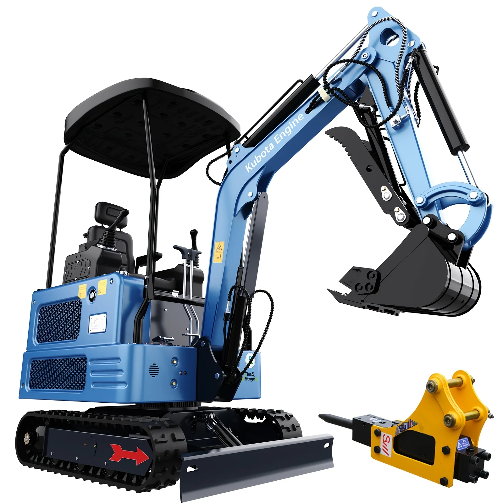 Compact diesel mini excavator with hydraulic thumb and breaker attachment