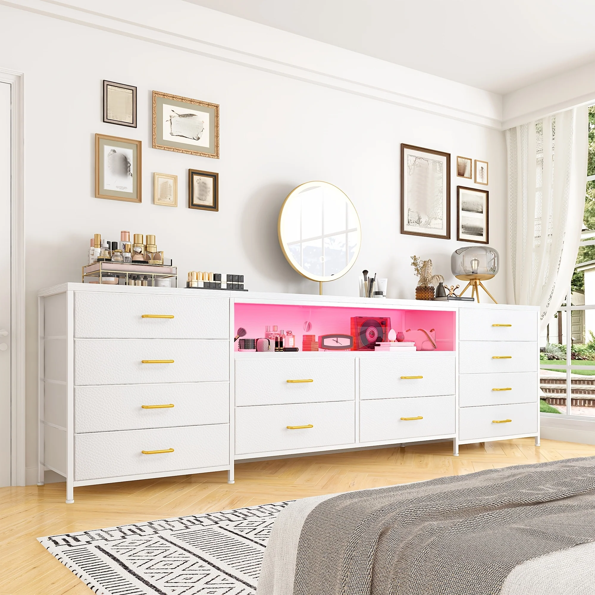 63-inch long dresser with 12 fabric drawers and integrated LED lighting