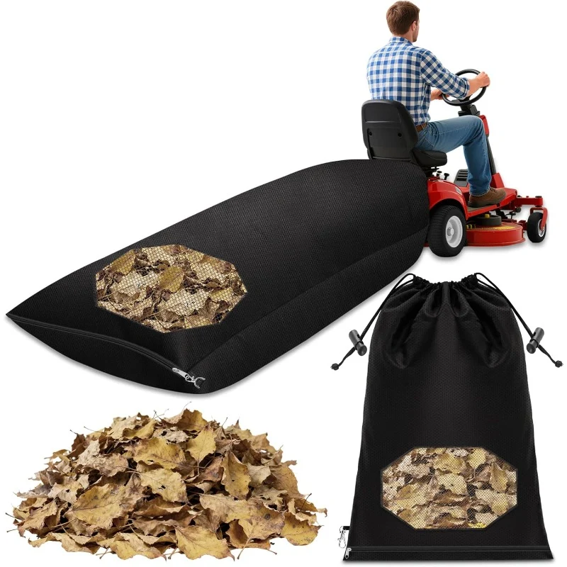 Heavy-duty waterproof leaf bag with zipper and mesh panel for lawn tractors