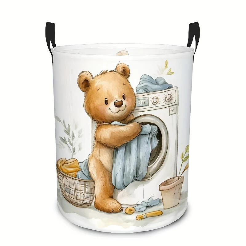 Large round polyester laundry basket with bear design and handles