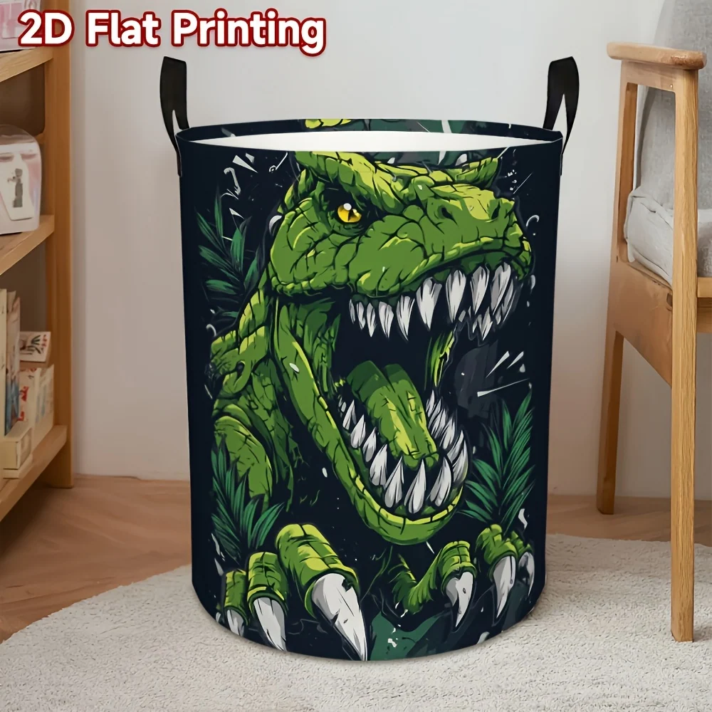 Dinosaur Print Foldable Round Laundry Basket – Durable Polyester Canvas with Sturdy Handle