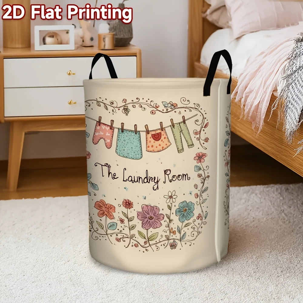 Beige foldable laundry hamper with floral print and sturdy handle