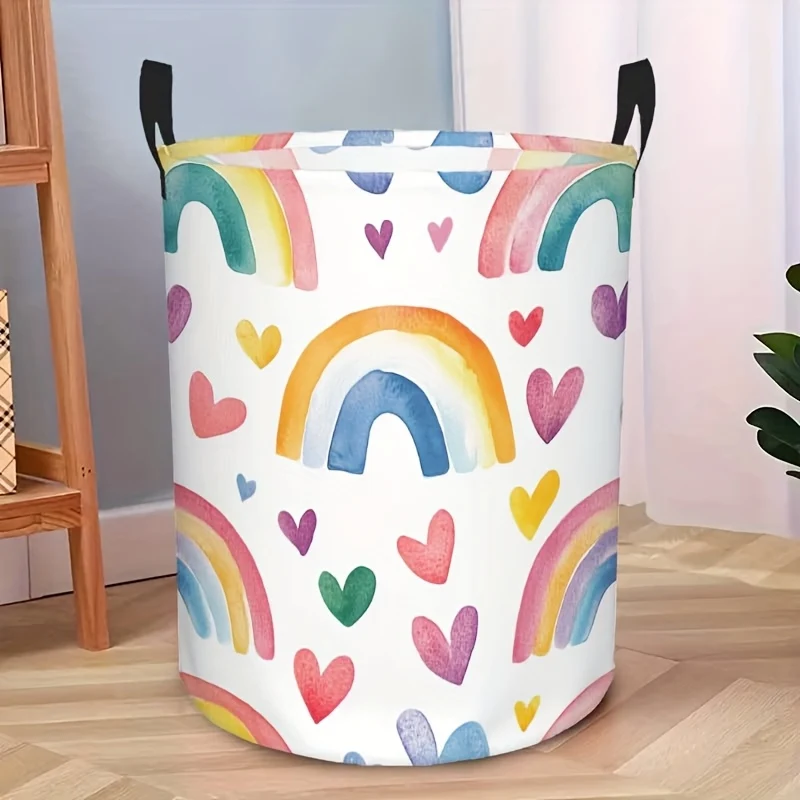 Rainbow and hearts patterned laundry basket with sturdy handles