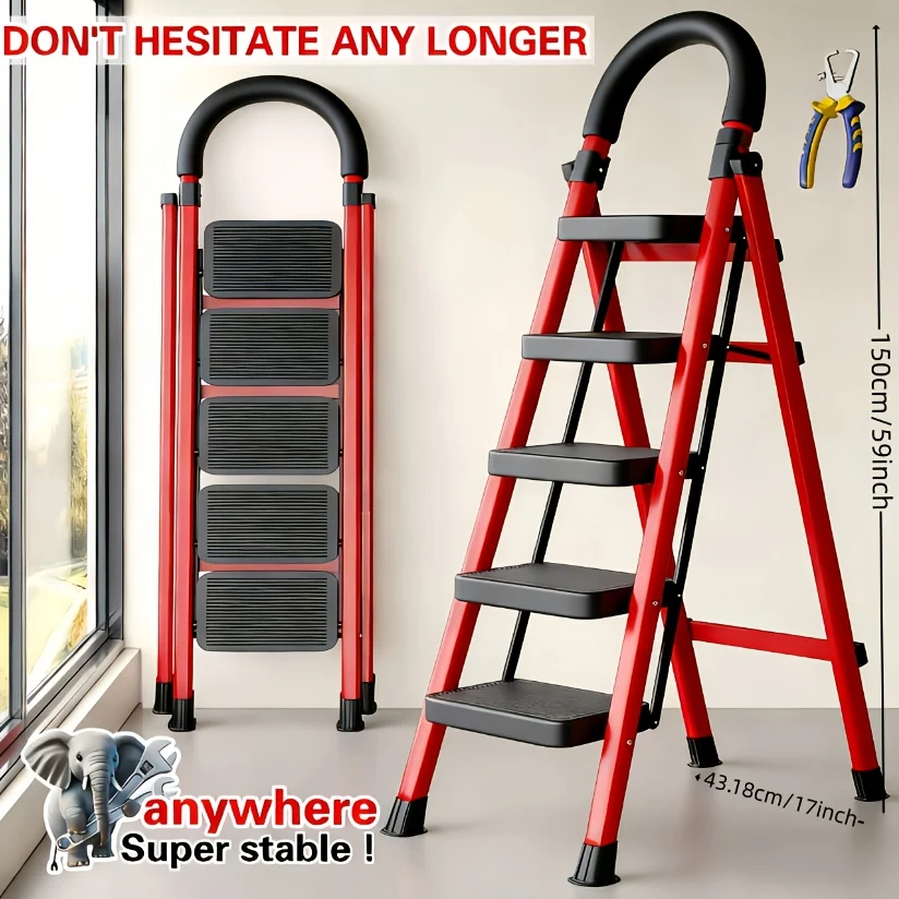 Heavy-Duty Folding Ladder with Anti-Slip Treads, 500 lb Capacity