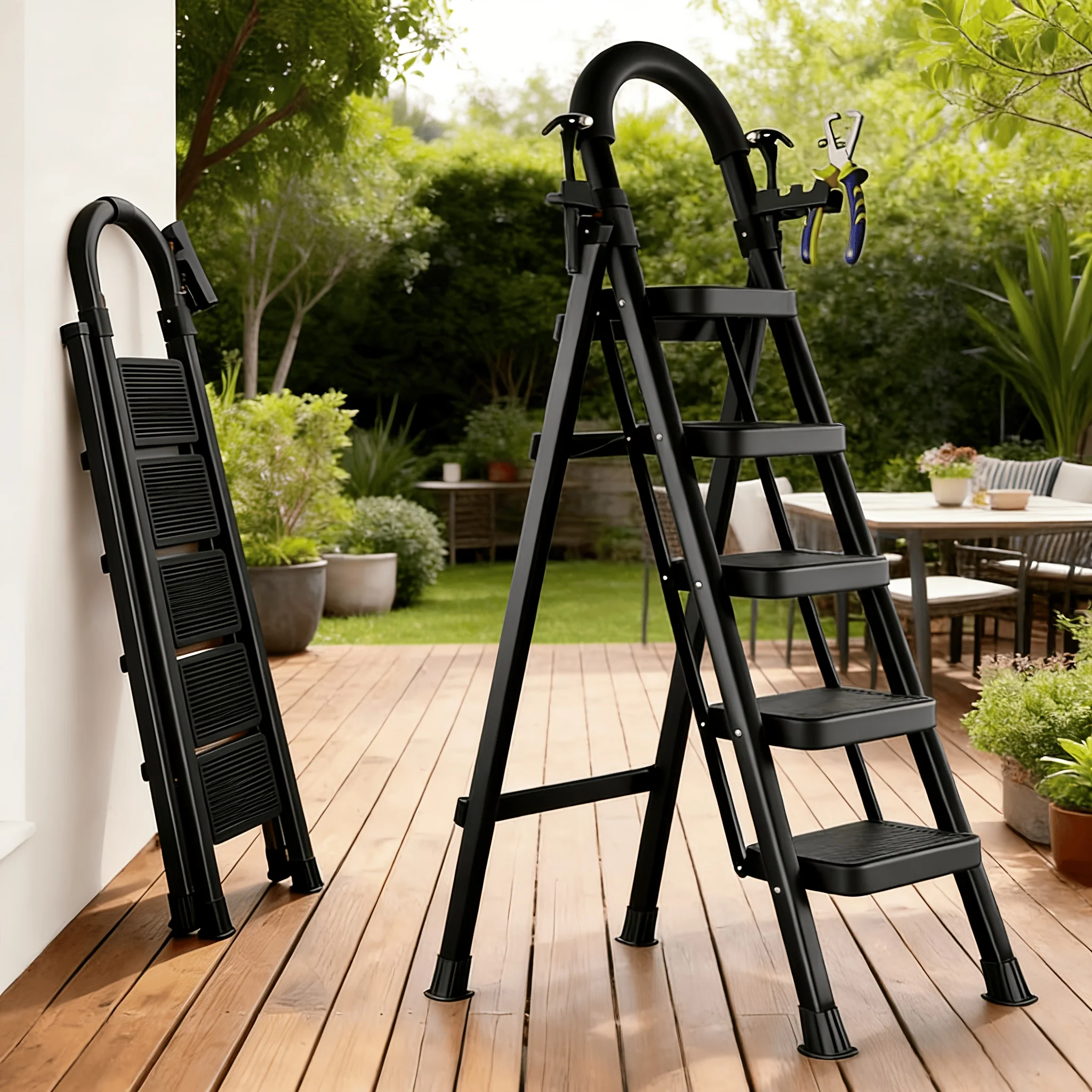 Heavy-Duty Folding Ladder with Anti-Slip Treads, 500 lb Capacity