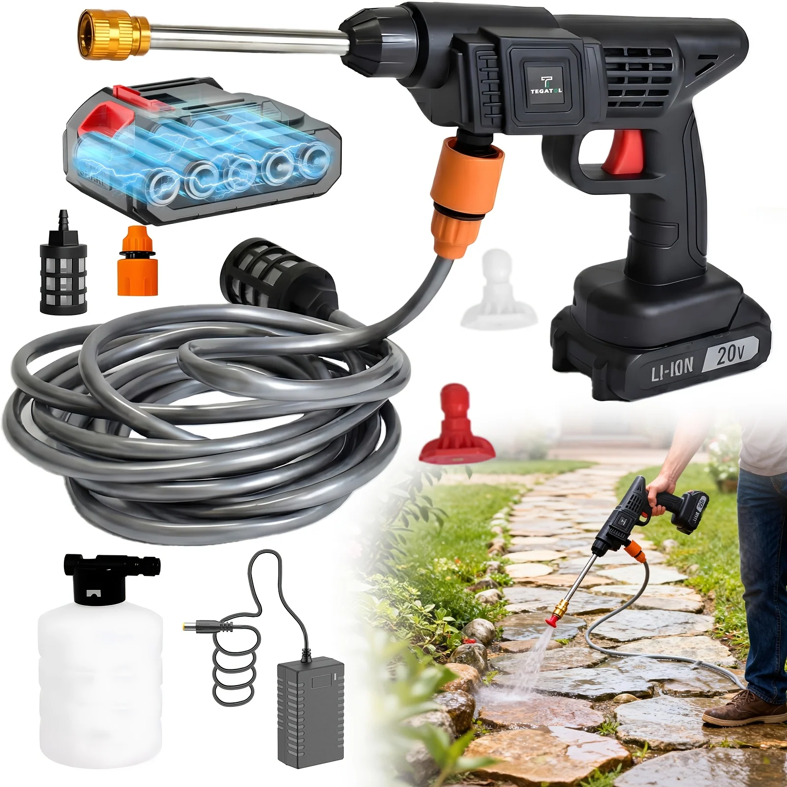 Cordless High-Pressure Water Gun with Rechargeable Battery and Extended Pipe