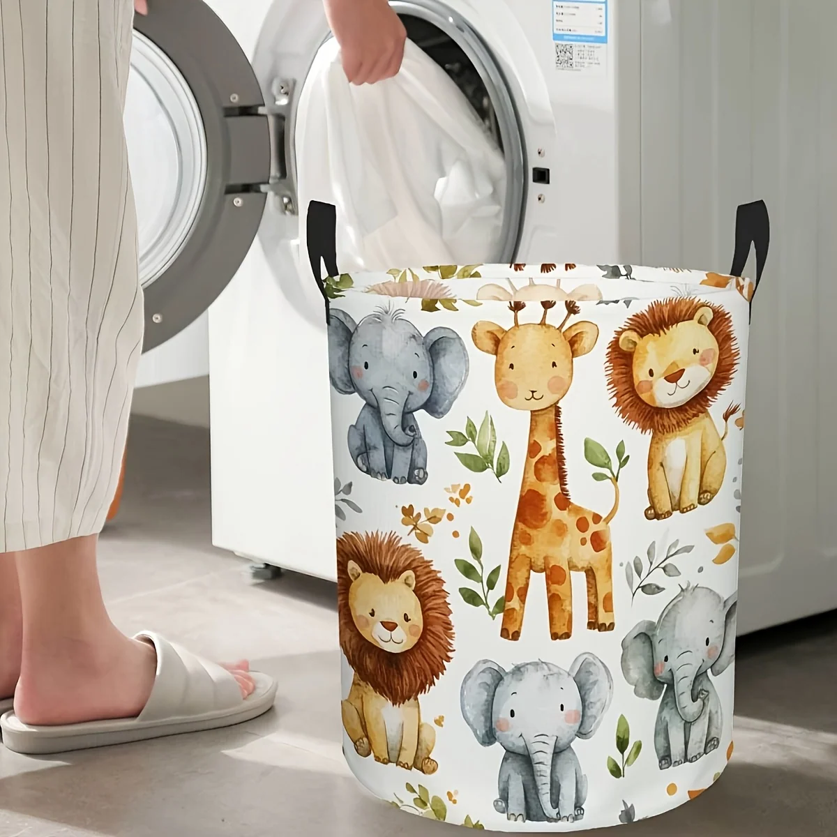 Foldable laundry basket with safari animal print and sturdy handle