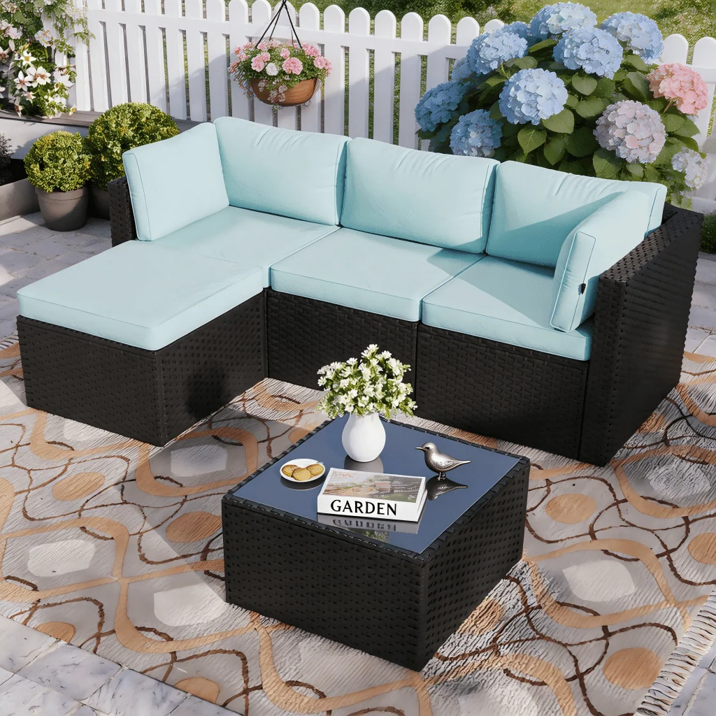L-shaped outdoor rattan sectional with ottoman and coffee table