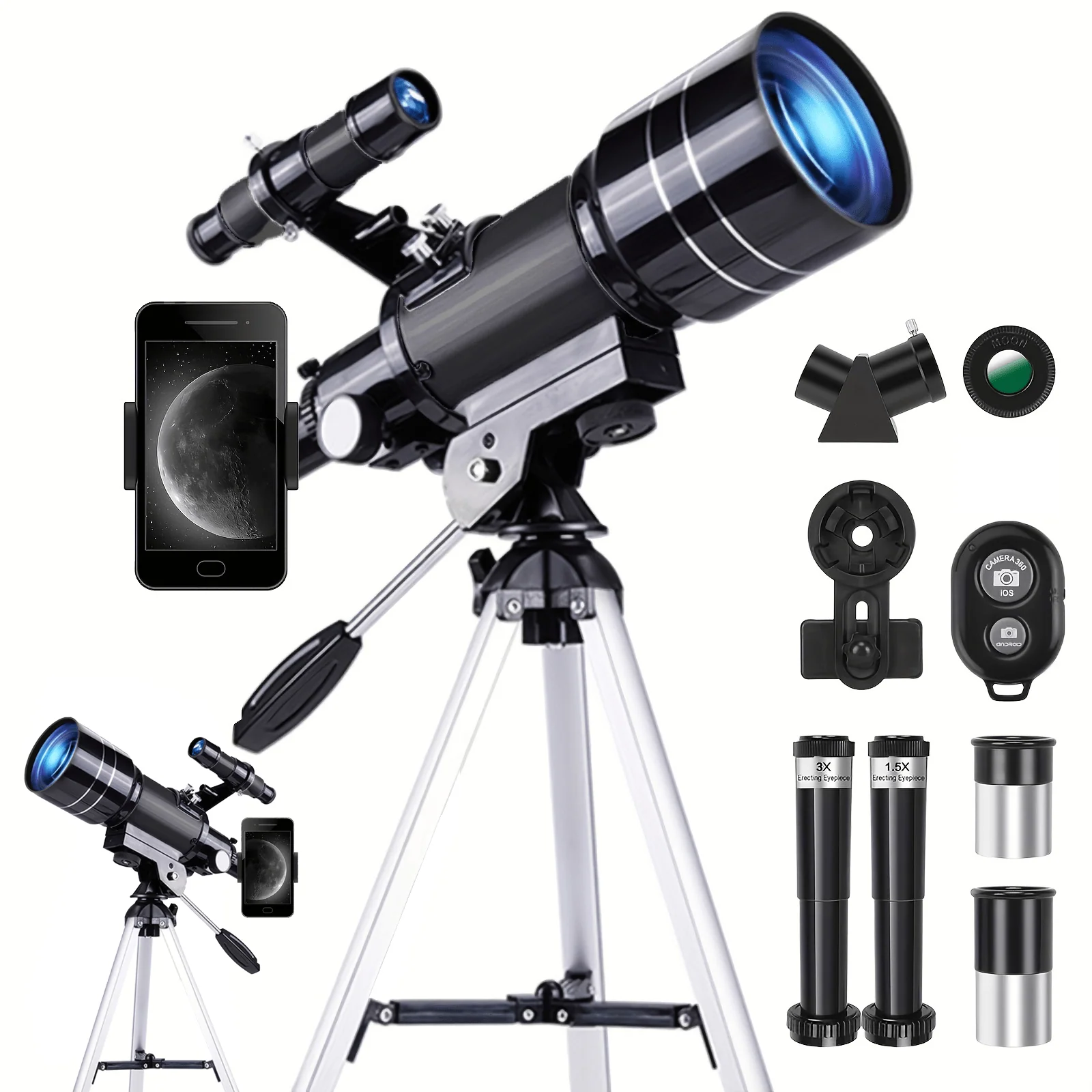 70mm aperture telescope with 150x magnification and tripod phone holder