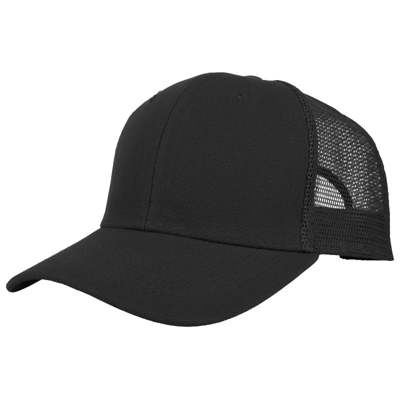 Black mesh trucker snapback hat with adjustable snap closure