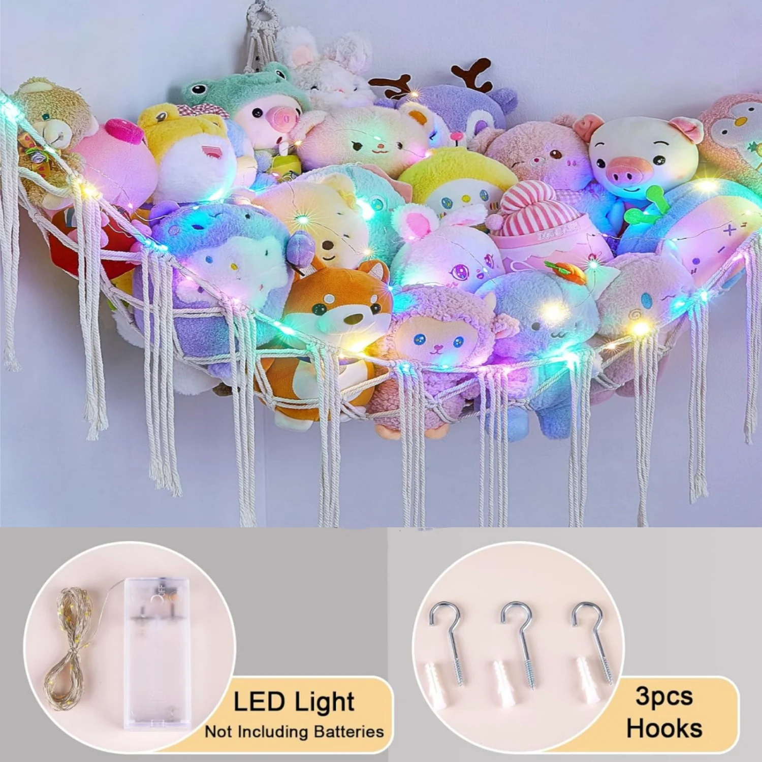 Decorative Plush Toy Hanging Storage with Soft LED Light – Wall-Mounted Organizer