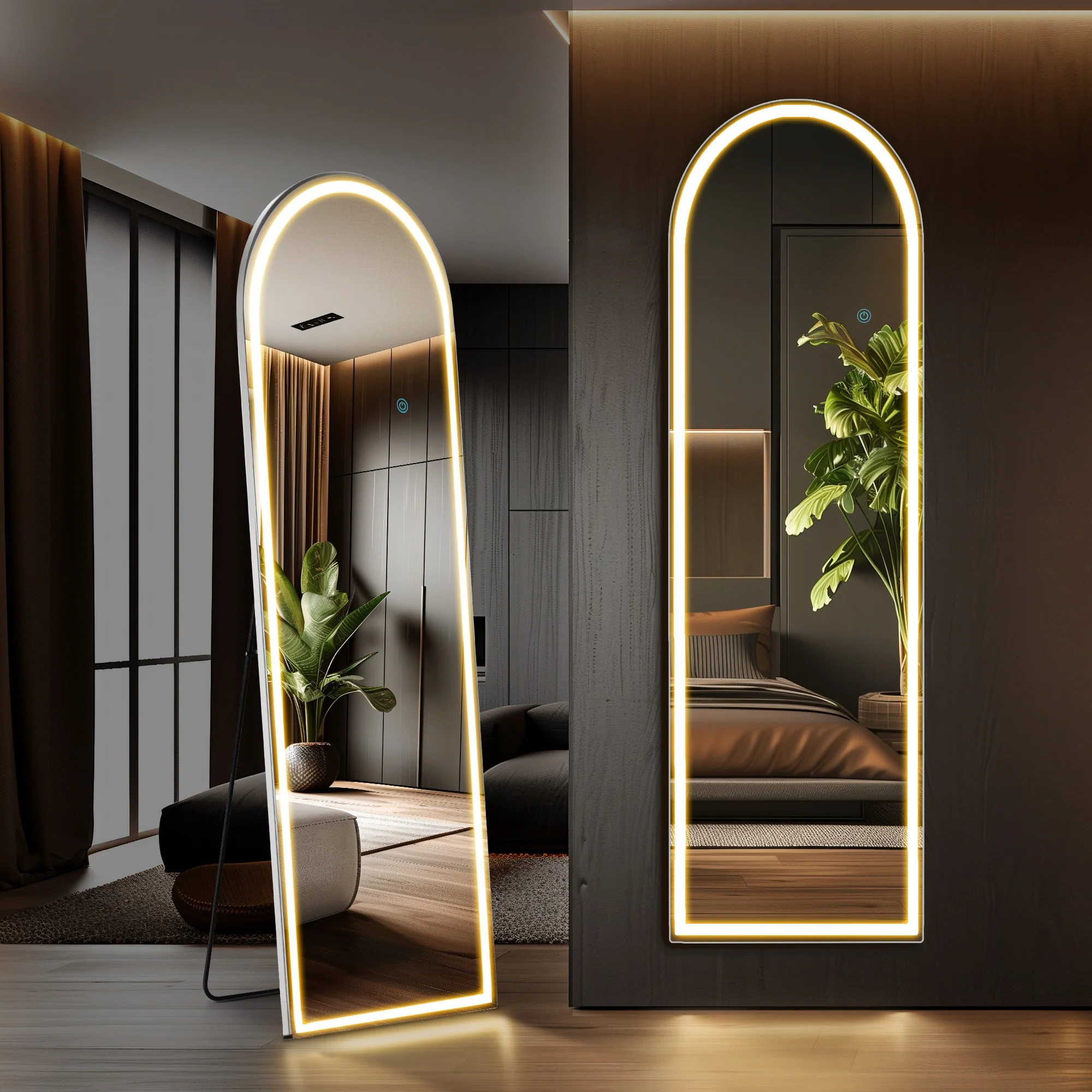 Full-length LED mirror with arched or rectangular frame